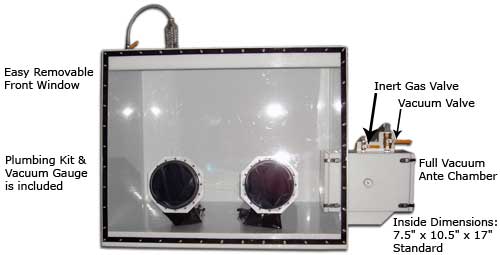 Easy Removable Front Window; Plumbing Kit & Vacuum Gauge is included; Inert Gas Valve; Vacuum Valve; Full Vacuum Ante Chamber's Inside Dimensions: 7.5" x 10.5" x 17" Standard